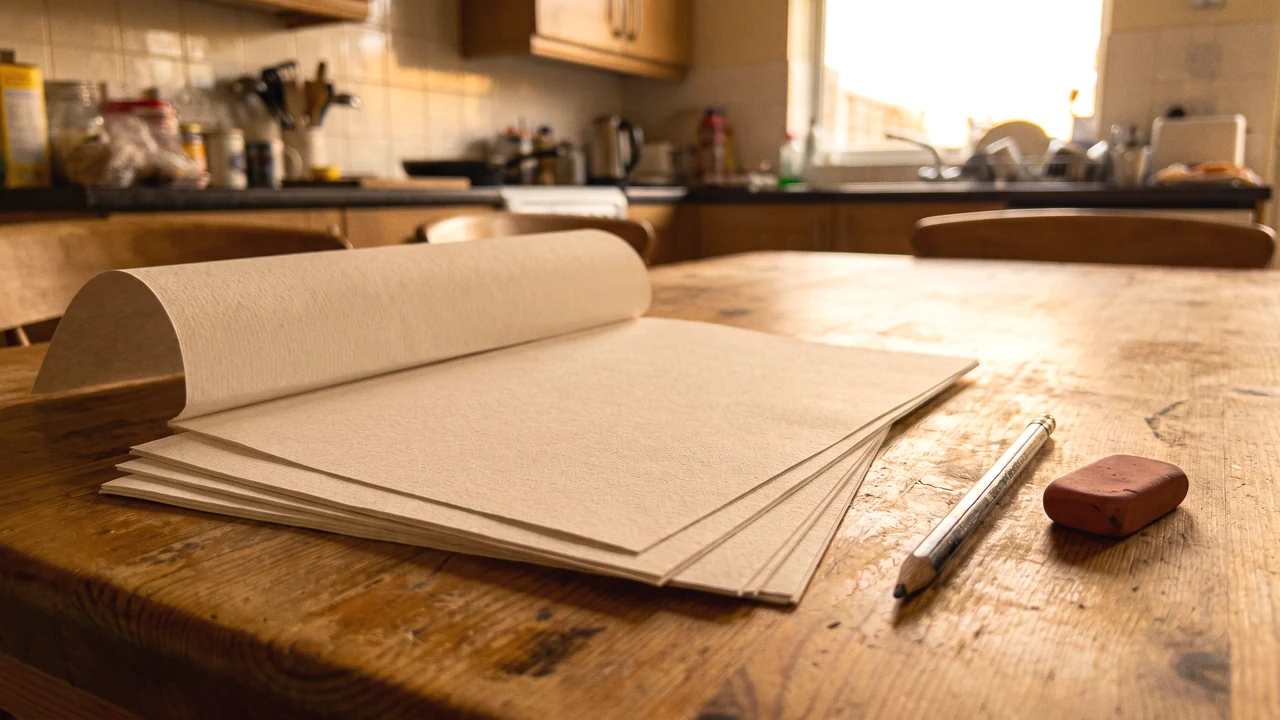 A loose stack of blank practice papers and a pencil on a worn wooden kitchen table in raking morning light, the kitchen receding to a bright window.