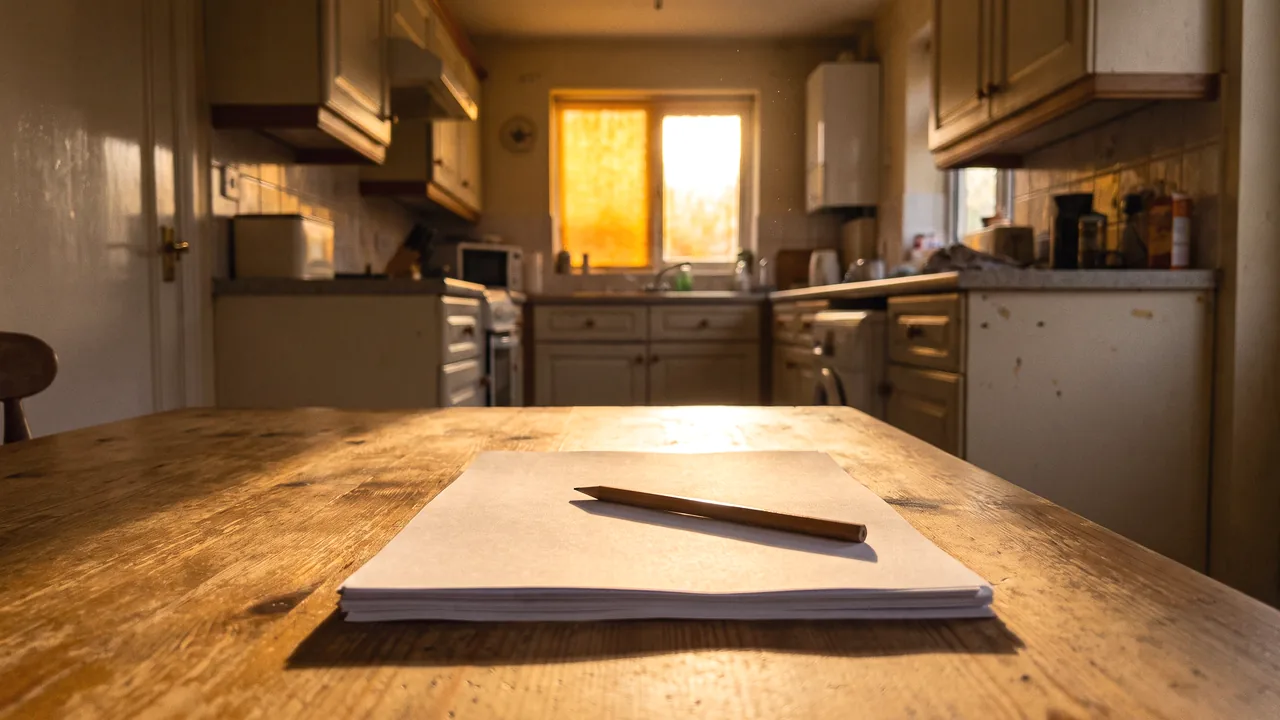 A kitchen table in late afternoon, the light moved across it and the shadows long, blank papers left untouched where they were put down.
