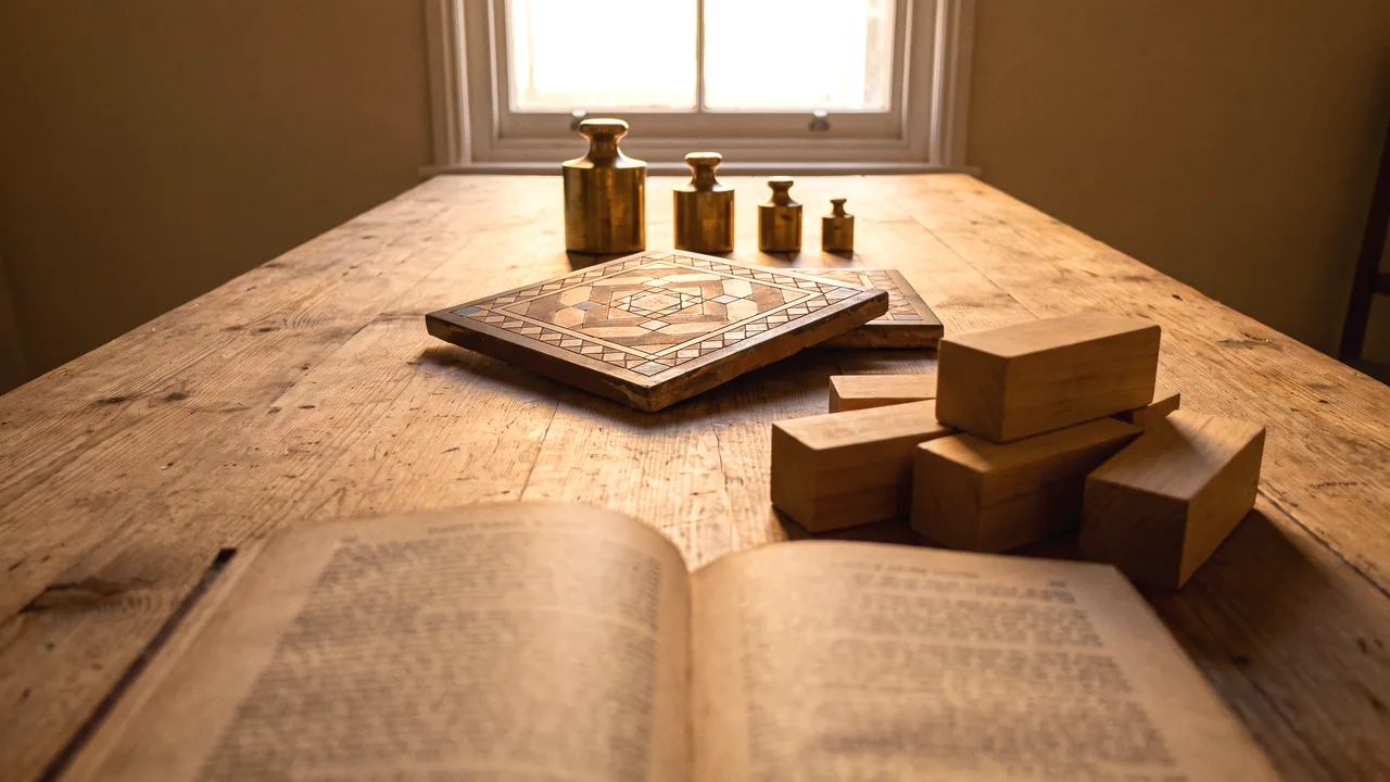 An open book, a patterned tile, wooden blocks and brass weights set out along one long table receding toward a bright window.