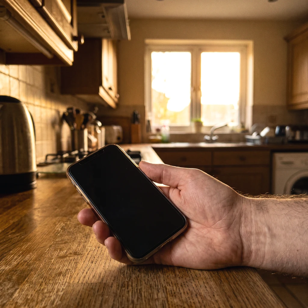 An adult hand holding a phone with a blank dark screen above a kitchen worktop, the kitchen receding to a bright window behind.