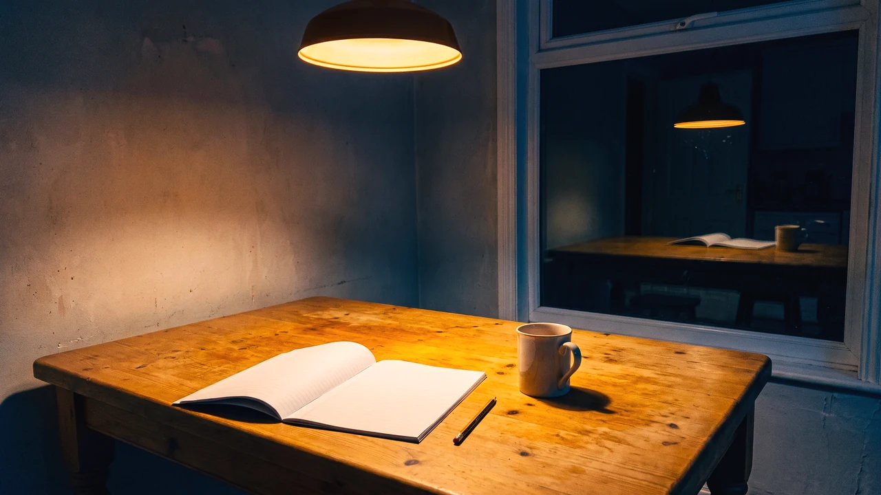 A kitchen table at night under a single warm lamp, a blank exercise book, a pencil and a half-drunk mug, the window beyond reflecting the lit room back.