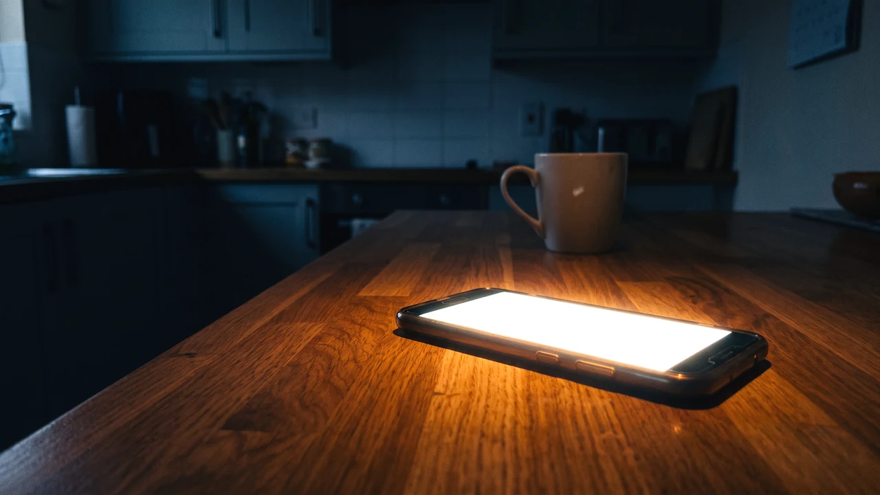 A phone lying face-up on a wooden table at night, its blank screen glowing and lighting the wood grain from below, the dark kitchen receding behind.