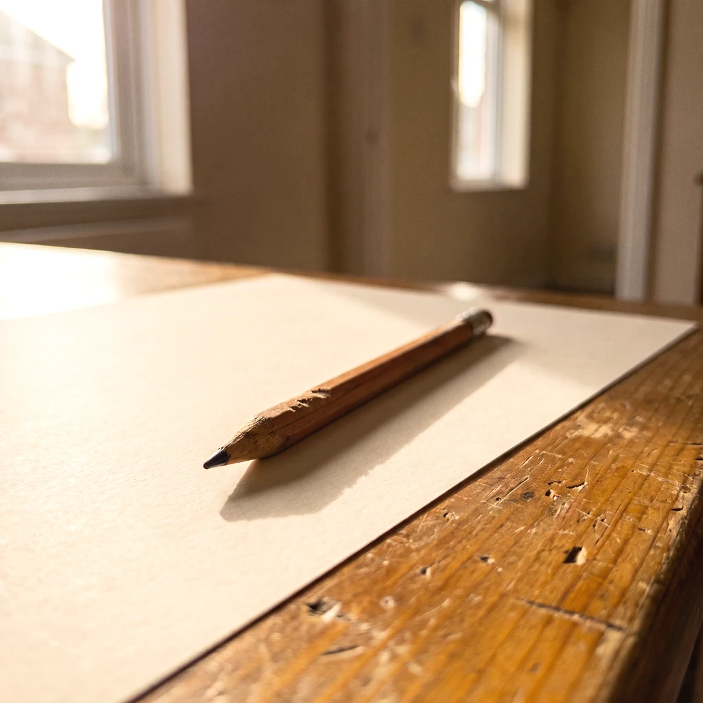 A well-used pencil lying diagonally on a sheet of blank cream paper on a wooden table, a soft shadow cast by window light from one side.