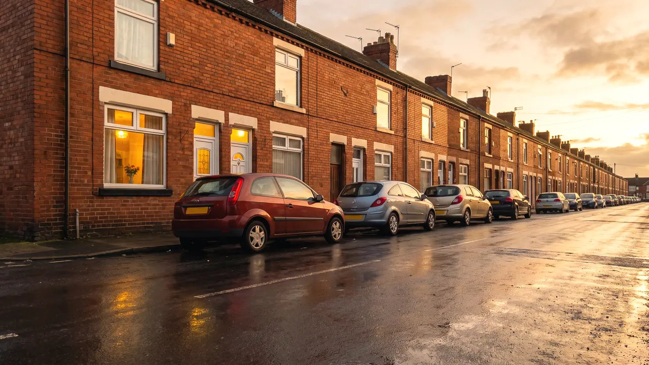 A row of red-brick terraced houses in late golden light, parked cars at the kerb and a wet road reflecting the sky, with lamplight in several windows.