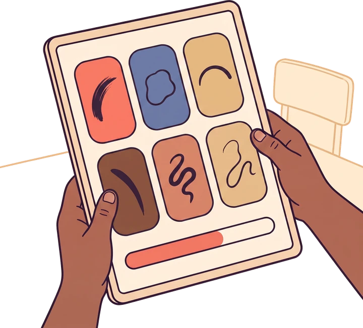A drawing of a tablet held in two hands, its screen showing six coloured tiles each holding a soft abstract mark, and a progress bar partly filled.