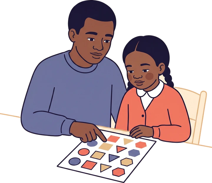 A drawing of a parent and child sitting side by side at a table, both looking down at a worksheet of coloured shapes while the parent points at it.