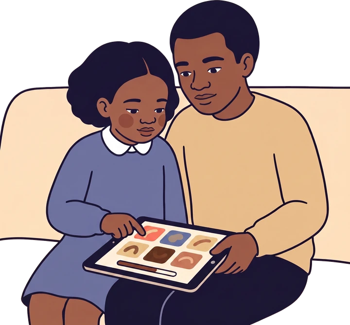 A drawing of a parent and child sitting together with a tablet held between them, the child reaching to tap a tile on the screen.