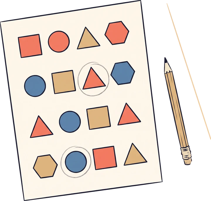 A drawing of a worksheet on a table, ruled into rows of coloured circles, squares, triangles and hexagons forming repeating patterns, with a pencil beside it.
