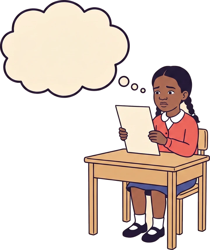 A drawing of a girl at a school desk holding up a blank sheet of paper, looking at it uncertainly, with an empty thought bubble above her.