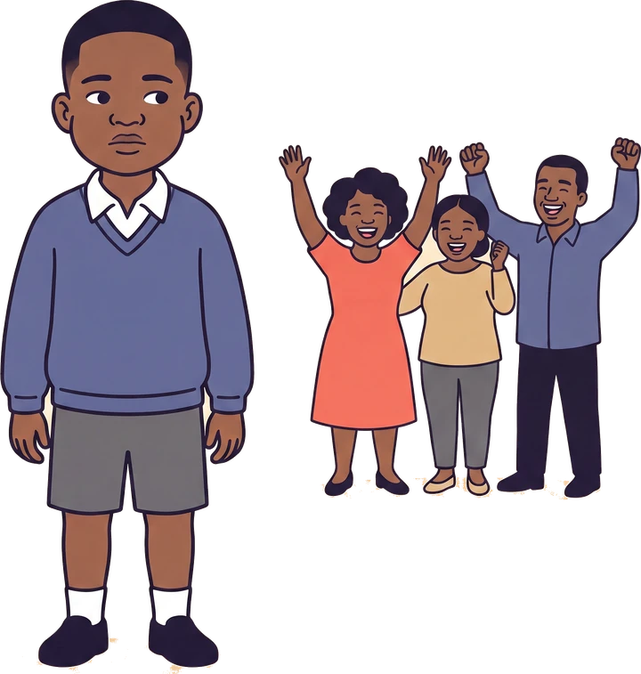 A drawing of a boy standing still and expressionless in the foreground while three adults behind him celebrate with their arms raised.