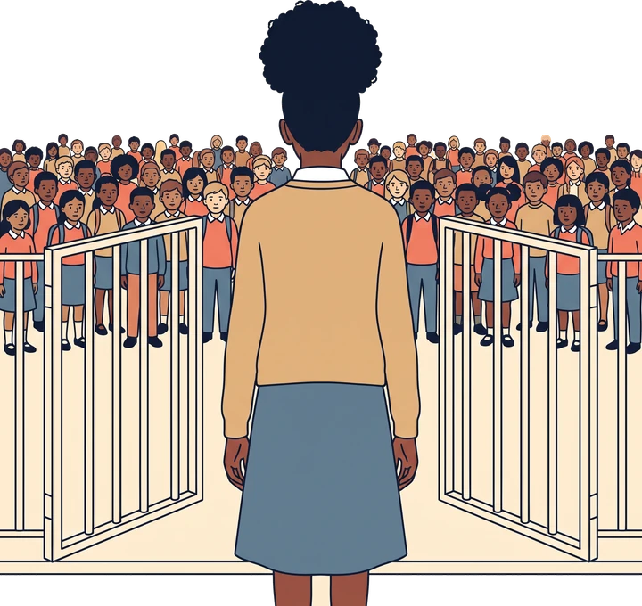 A drawing of a girl standing alone at an open school gate, looking in at a schoolyard packed completely full of other children.